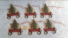 6-Primitive-Christmas-Farmhouse-Wagon-Fussy Cut-Linen Cardstock-Gift-Hang-Tags