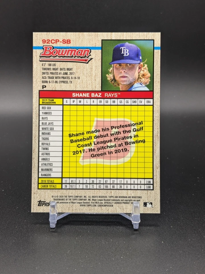 Shane Baz 2020 Bowman Heritage Chrome Prospects Yellow Refractor #/75 #92CP-SB - Image 2 of 2