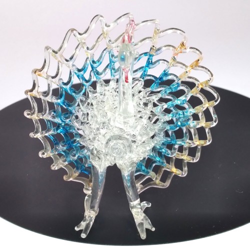 Spun Glass Peacock Figurine Bird Vintage Hand Blown Art Small 3" Tall Colorful