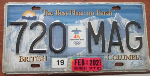 2021 BRITISH COLUMBIA BC CANADA 2010 OLYMPIC GAMES  LICENSE PLATE # 720 MAG