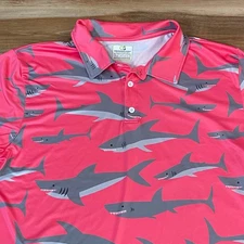 Obnoxious Golf Shark Print Golf Polo Shirt Short Sleeve Fun Mens Size L