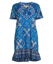  248 JOHNNY WAS Size XL CIENA FLOUNCE SHIFT DRESS W/ SLIP BANDANA PRINT BLUE NWT