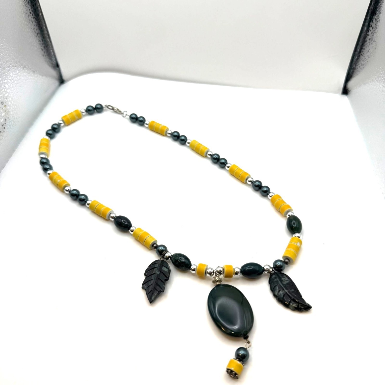 Statement Necklace Green Stone Leaf Carvings Yell… - image 8