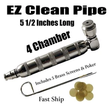 4 Chamber 5 1/2" Long EZ Clean Pipe & 5 Brass Screens  Collectible Tobacciana
