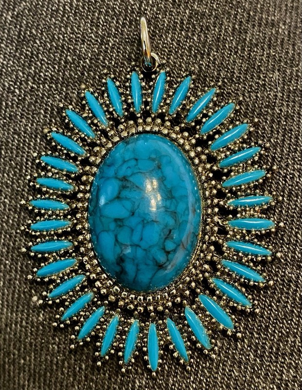 VINTAGE SOUTHWESTERN -STYLE FAUX TURQUOISE SUNBURST PENDANT.   CELEBRITY