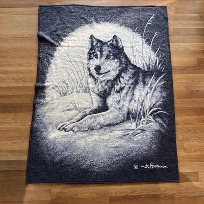 Vintage Bierdelack Wolf Tapestry Blanket Throw Signed J.S. Hausmann Made in USA - Image 1 of 4