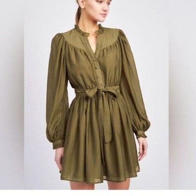 En Saison Brea Mini Dress Olive Size Small Ruffled Neck Prairie Boho Western