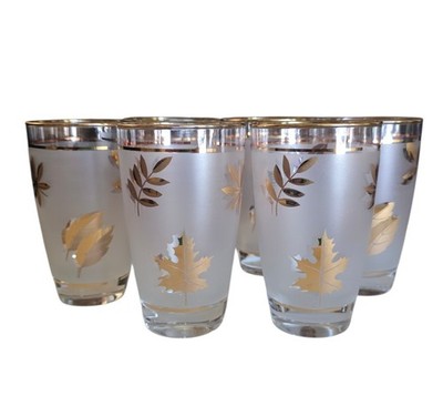6 Vintage Libbey GOLDEN FOLIAGE Leaves Frosted Glass 12oz Tumblers 5.5'' Highball