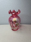 Vintage Fenton Hand Painted Pansies on Cranberry Glass Vase