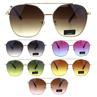 Womens Double Flat Top Bridge 90s Metal Rim Round Designer Sunglasses