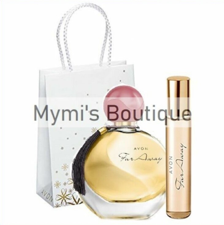 Eau de parfum FAR AWAY Avon, lot de prestige ambré avec vapo nomade et sac satin