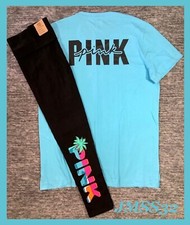 Victoria's Secret Pink Campus SS Tee Shirt  Leggings Set Blue Pink Logo Palm XL