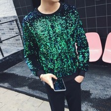 Men Sequin Bling Sweater Long Sleeve Glitter Pullover Shirt Top Shiny DJ Costume