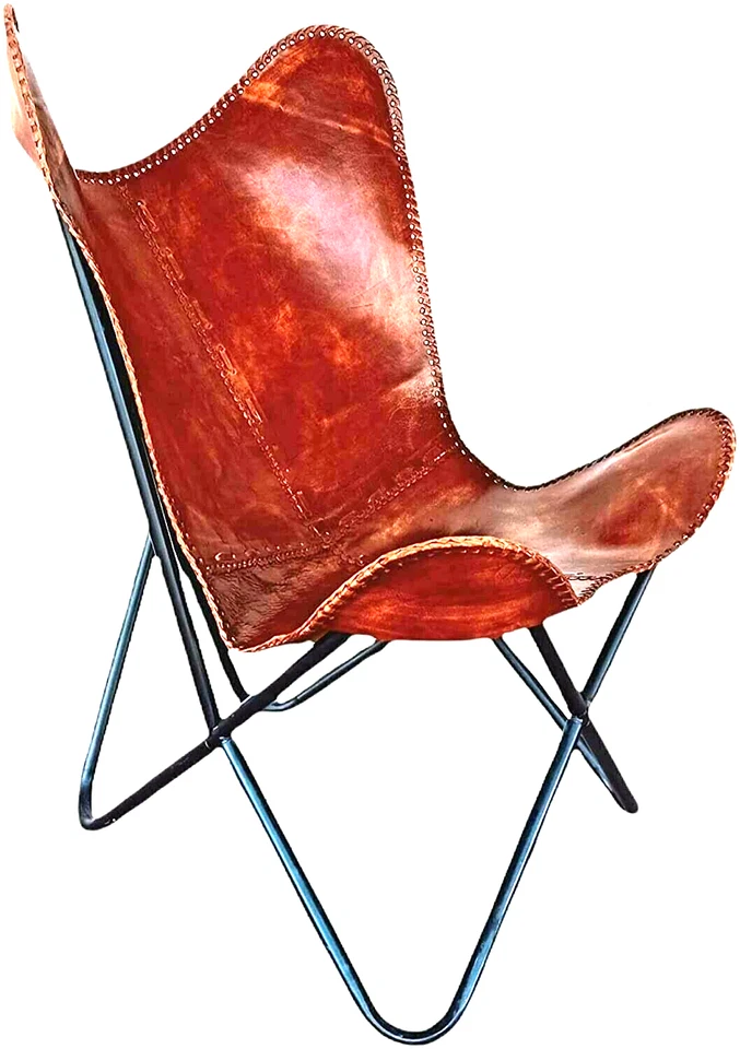 Chaise Papillon En Cuir Véritable Marron Chaise Longue Pliable Industrielle - Photo 2/4