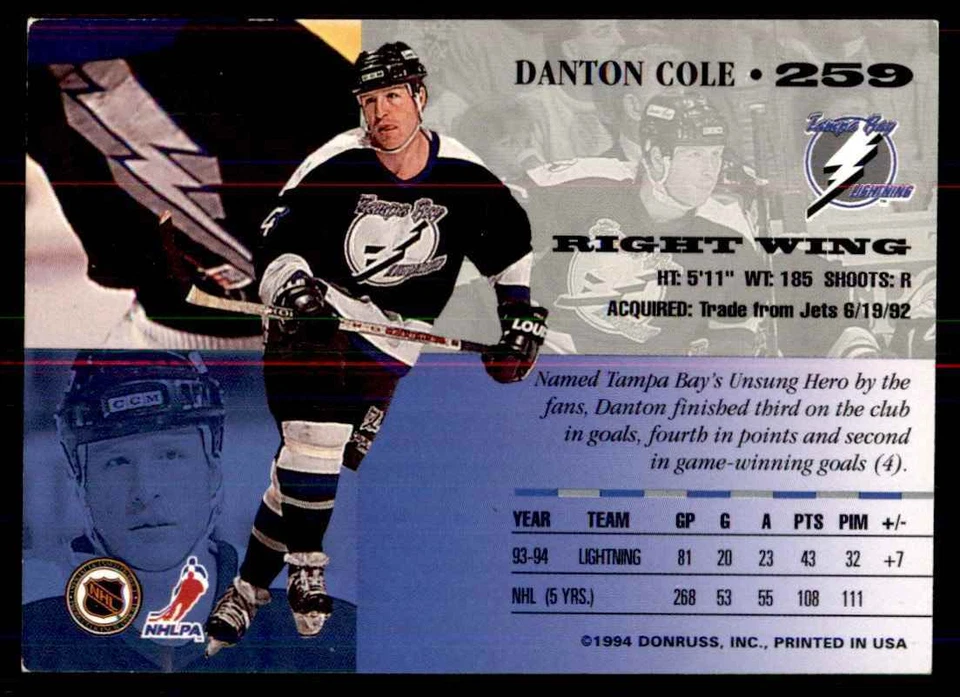 1994-95 Leaf Danton Cole Tampa Bay Lightning #259 - Image 2 of 2