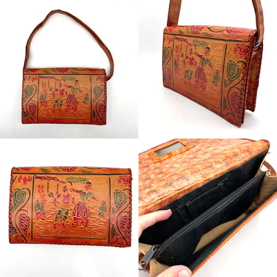 Vintage 80s Handmade Tooled/Painted Leather Shantiniketan Village 