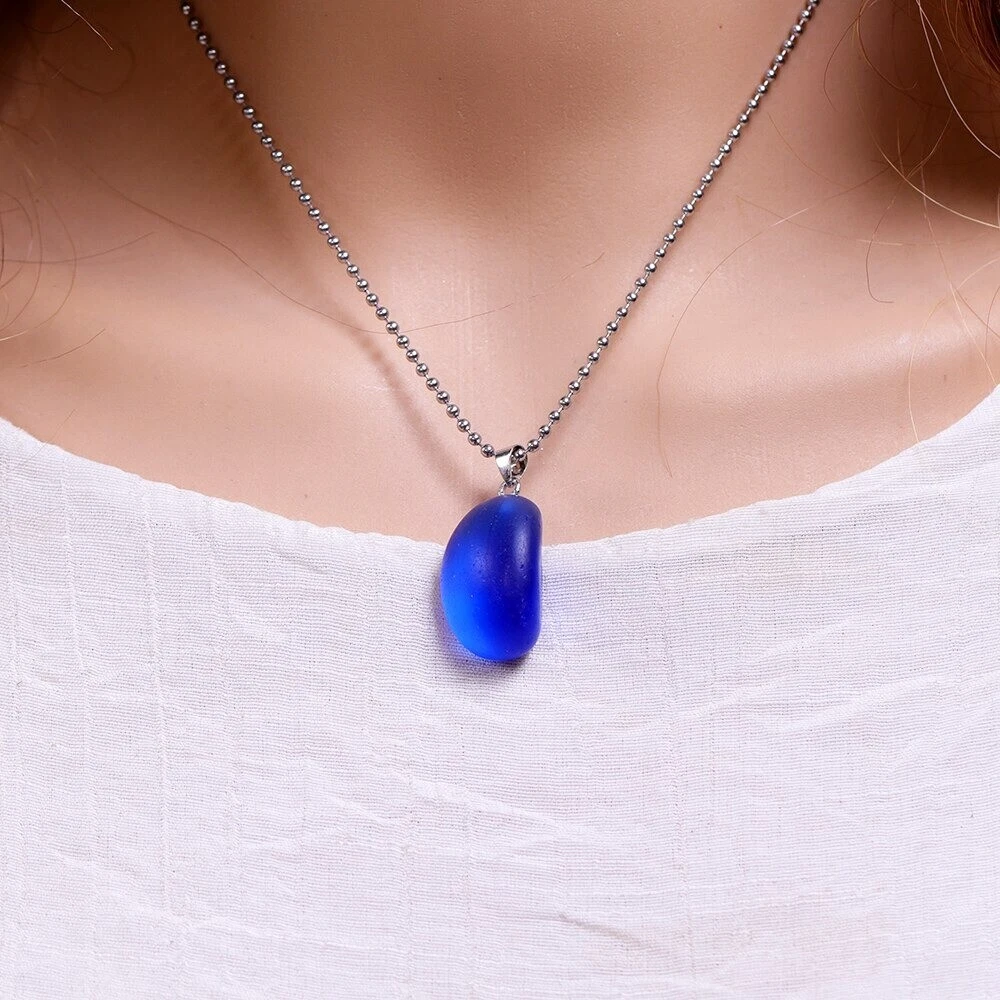 Genuine Sea Glass Necklace Deep Blue Beach Glass Pendant Necklace