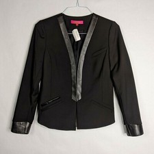 New Catherine Malandrino Womens Sz 6 Blazer Black Faux Leather Trim Open Front
