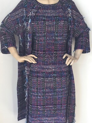 st john boucle knit dress St. John 2Pc Fringed Micro-Boucle Knit Dress Suit in Navy/Caviar