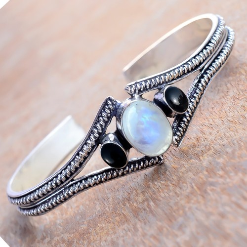 Mondstein & schwarzer Onyx Edelstein 925 Sterling Silber Manschette für Leben...