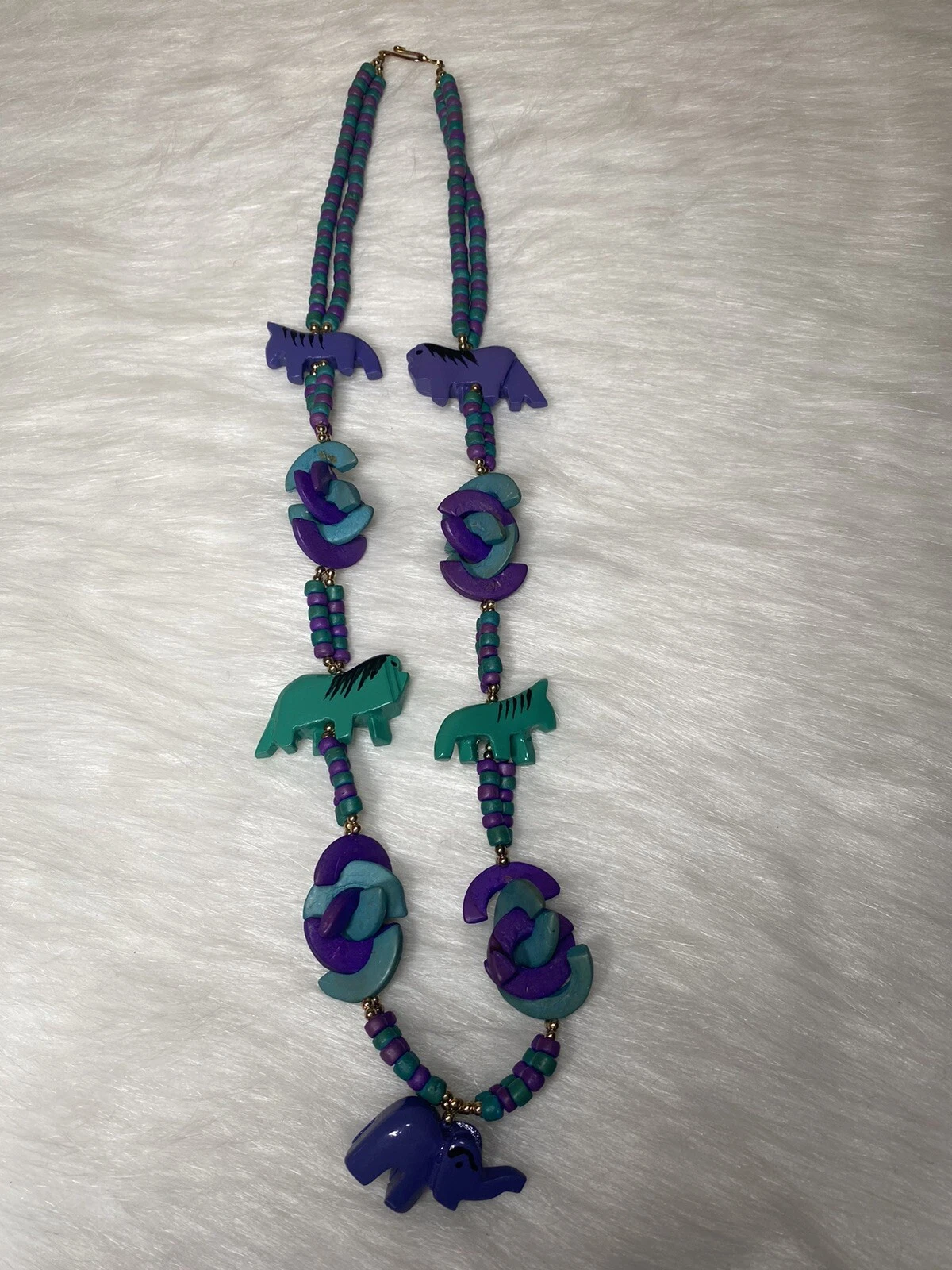 VETEMENTS Collana bigiotteria costume perline animali in legno color verde acqua viola vintage anni 80