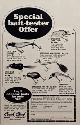1976 Creek Chub Bait Co Garrett IN Print Ad - Special Bait-Tester Offer Lures