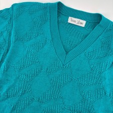 Vera Lane Knit Top Women M Teal Excellent Vintage V-Neck Textured Shoulder Pads