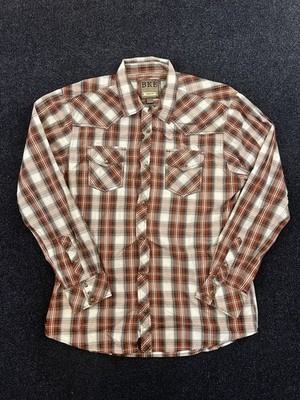 BKE Shirt Mens 2XL Brown White Plaid Western Pearl Snap Slim Fit Long Sleeve