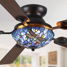 52 Inch Tiffany Stained Glass Ceiling Fan,Stepless Color 24W LED, Dimmable, Remo