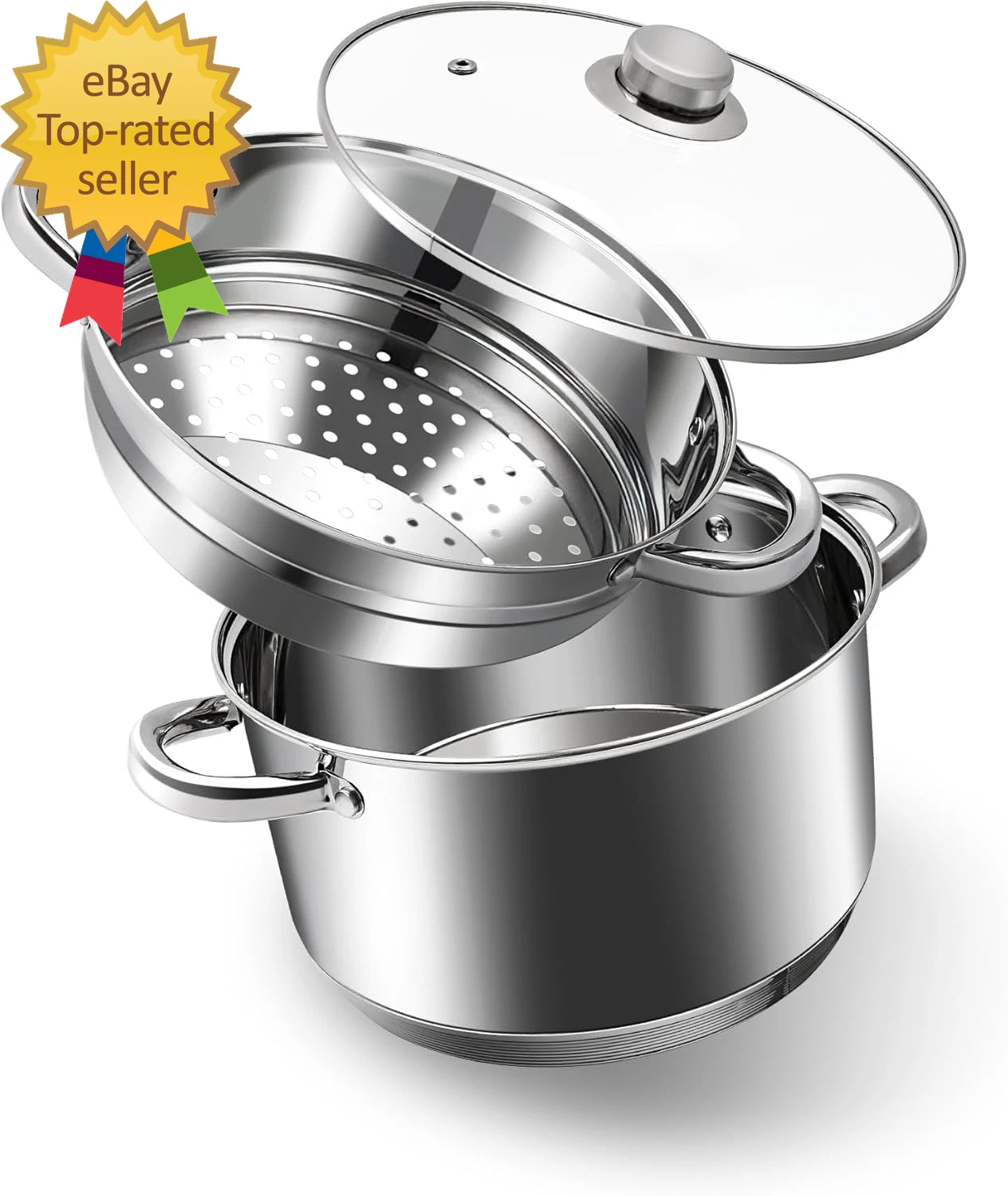 4 Quart 18/10 Stainless Steel Tri Ply Stockpot and Steamer with Tempered Glass
