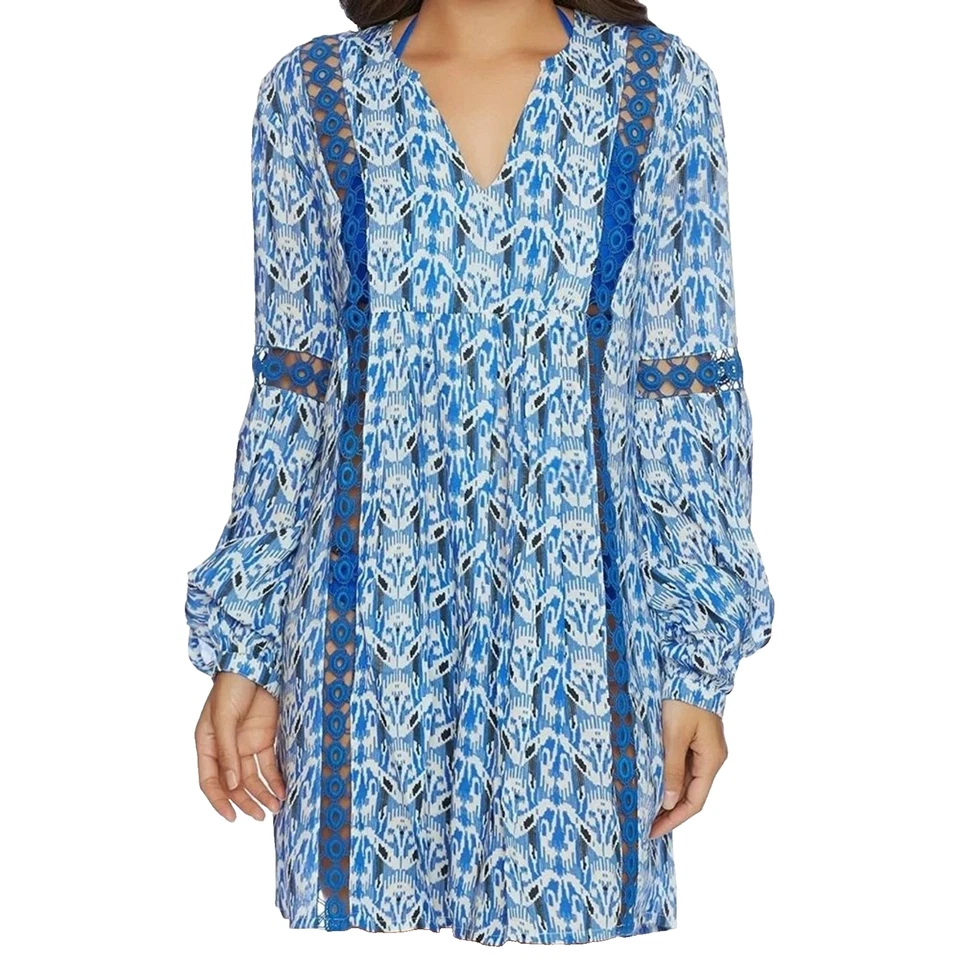 Vestido Ella Moss tamanho XS azul Ikat balão de crochê manga comprida praia cobrir boho - Imagem 2 de 4