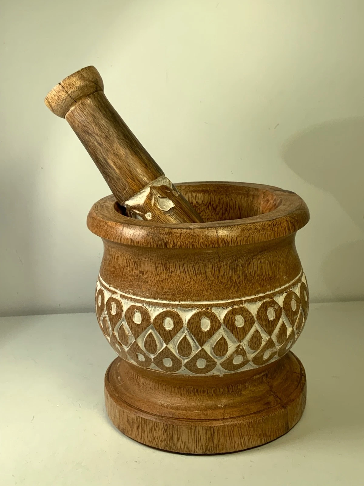 Vintage Hand Carved Wood Mortar & Pestle 5.5 in.