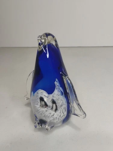 Vintage Murano Style Cobalt Blue Art Glass Penguin Figurine Decor Paperweight-6"