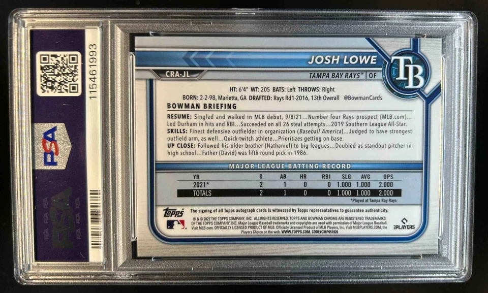2022 Bowman Josh Lowe Chrome Rookie Auto RC Gold Refractor #26/50 Rays PSA 9 - Image 2 of 2