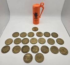 Vintage Chuck E Cheese/Showbiz Pizza Orange Plastic Token Dispenser & 23 Coins🍕