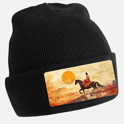 Buddha Riding Horse Print Black Beanie Hat Unisex Cotton