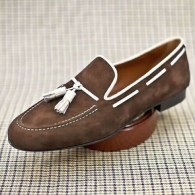 Braune Lederschuhe handgefertigt formell Schürze Zehe Wildleder Quaste Loafer Slipper
