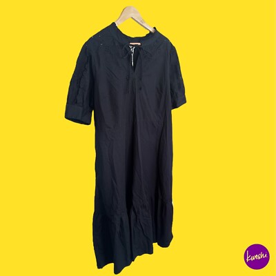 MONSOON Damen Glyzinien Kleid, Bio-Baumwolle, Bindeausschnitt, Plissee, schwarz UK XL