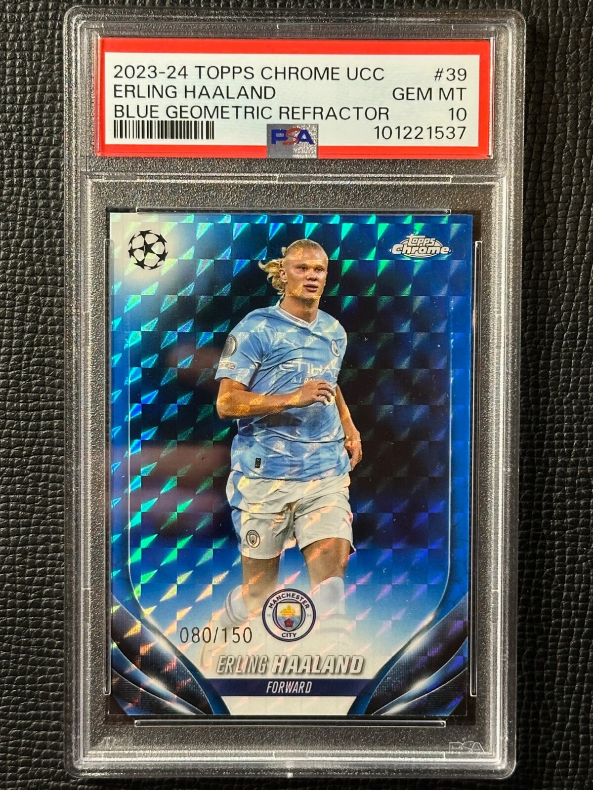 2023-24 Topps Chrome UCC Erling Haaland #39 Blue Geometric Refractor /150 PSA 10
