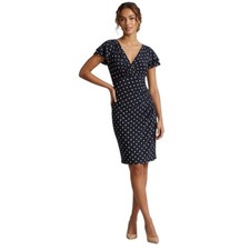 Lauren Ralph Lauren Navy Polka Dot Faux-Wrap Dress Size 14