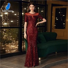 Sequins Evening Dress Women Elegant Short Sleeves Formal Gown Party Maxi Dress