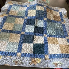 COW JUMPED OVER THE MOON Baby Blanket Quilt Cotton Blue Completed 36” Square