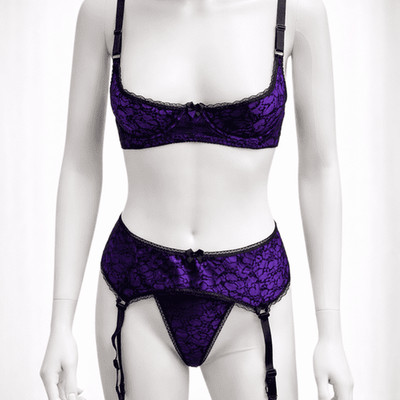 Damen Lila Spitze 3-teiliges Dessous Set 1/4 Cup BH, Strapsgürtel & G-String