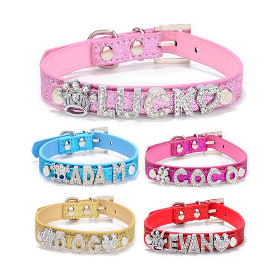 Collar Personalizado Perro Gato Hágalo Usted Mismo Nombre Letra Pequeña Mascota Cachorro Bling Collar de Cuero Foto 3 de 4