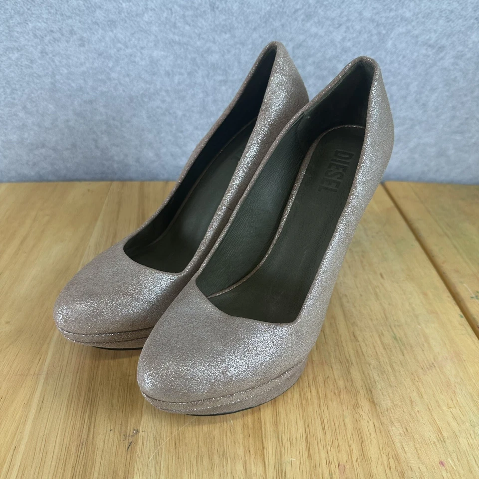 DIESEL Womens High Heels Sparkle Metallic Pink Slip On Career Pump Shoes US 7 38 - Image 3 of 4