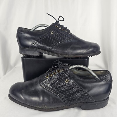 Vintage Footjoy Classics Dry‎ Black Leather Woven Golf Shoes 51472 Mens Sz 9 D Vintage Footjoy Classics Dry Mens Black Leather Woven Golf  main image 2