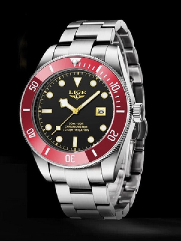Montre sport étanche homme bracelet acier cadran noir et lunette rouge