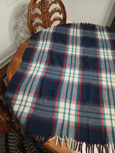 Vintage Stadium Blanket Wool O the West Plaid Tartan Fringed Throw 55" x 50" - Picture 4 of 8
