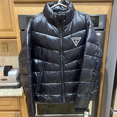 Guess Jacket Men Large Glossy Black Coat Puffer Bubble Outdoor Zip Up $225