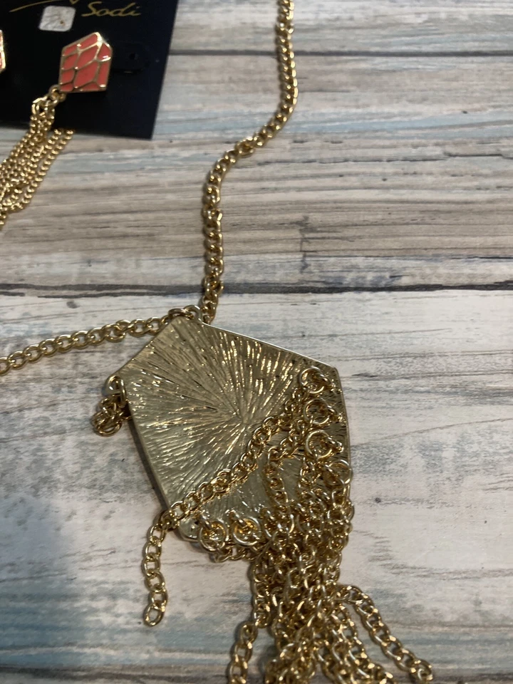 Thalia Sodi Necklace matching Earrings Set 32" Coral Enamel Gold Tone Geo NWT - Image 3 of 4